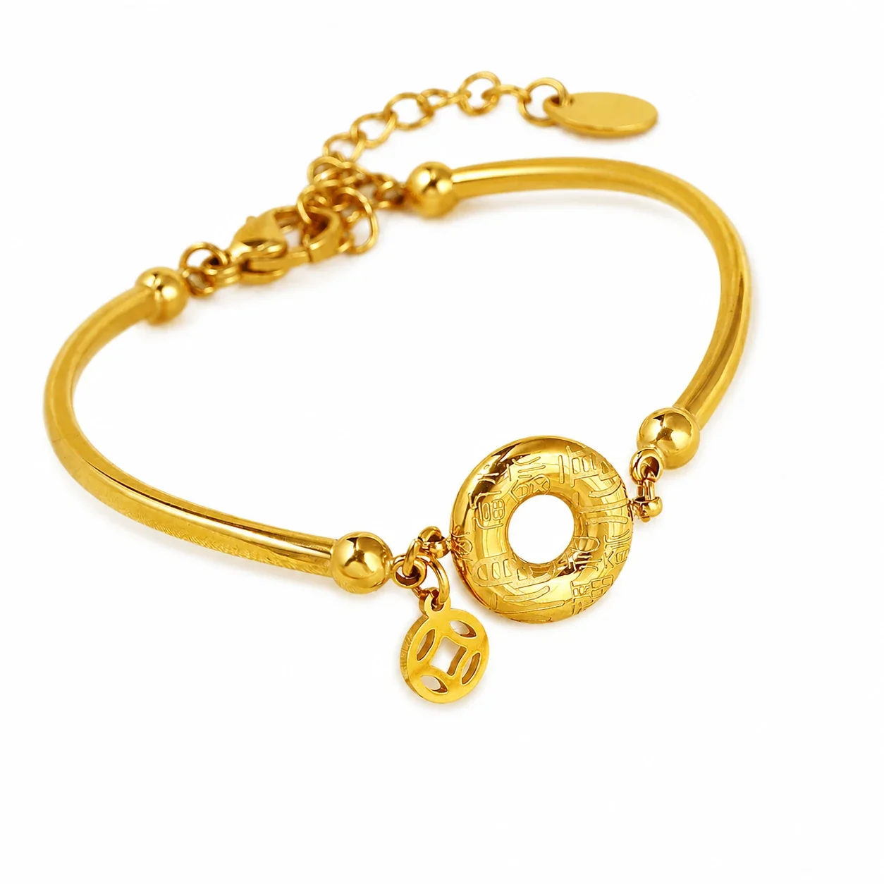 Refined Gold-Plated Tubular Ring Charm Chain Bracelet