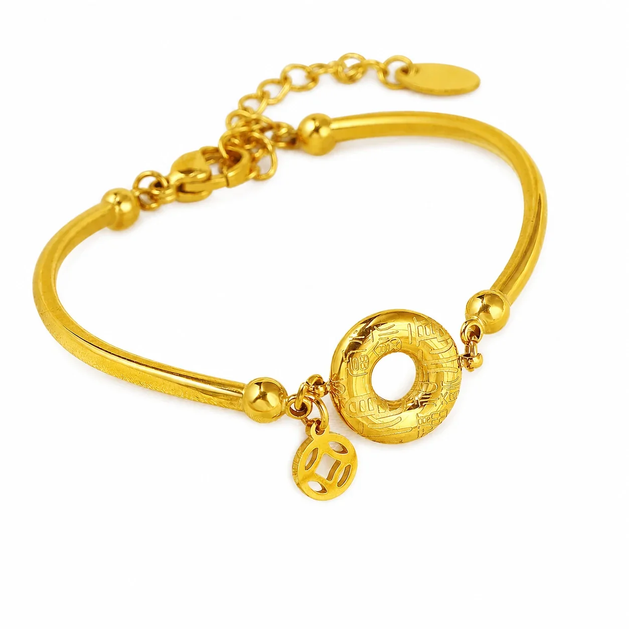 Refined Gold-Plated Tubular Ring Charm Chain Bracelet - Gold