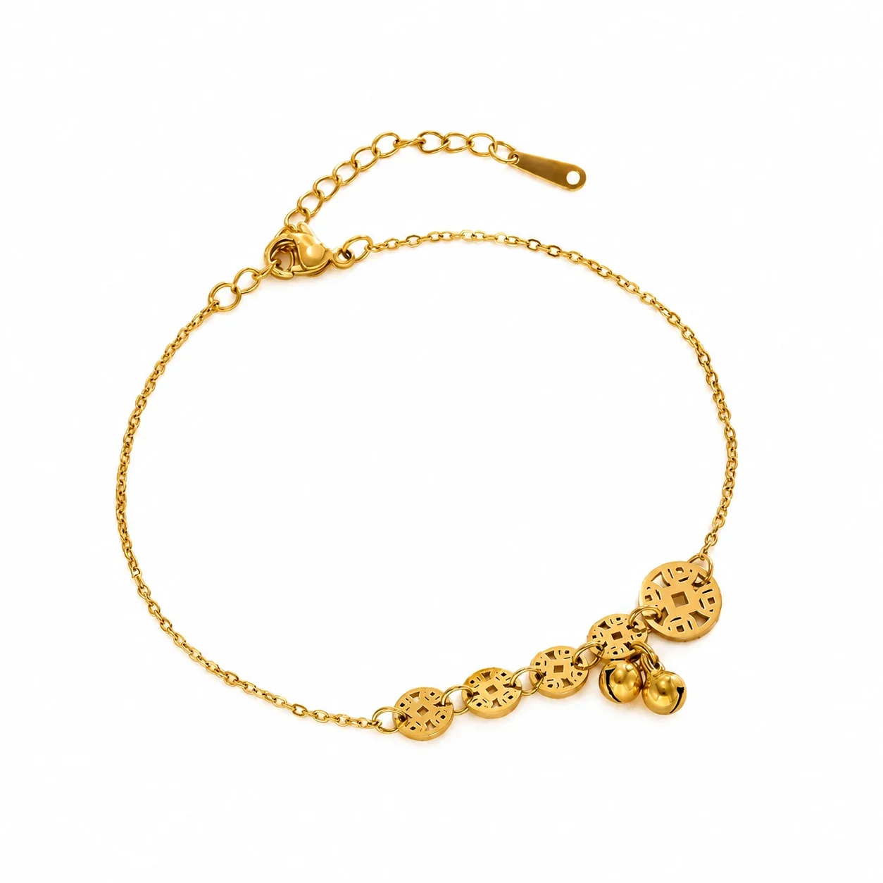 Coin Charm Bell Anklet with Openwork Discs, Stainless Steel