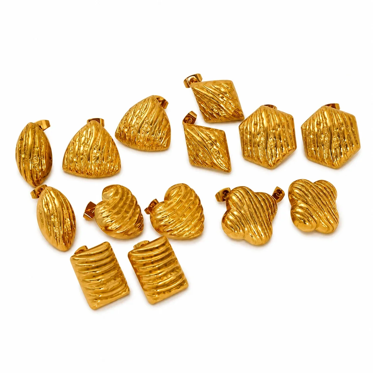 Sculptural Gold-Plated Ribbed Geometric Dome Stud Earrings