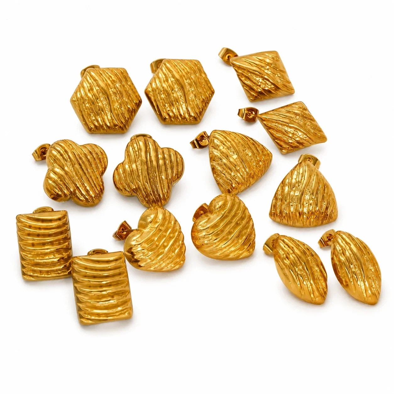 Sculptural Gold-Plated Ribbed Geometric Dome Stud Earrings