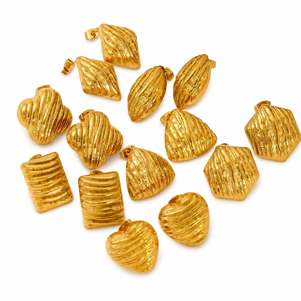 Sculptural Gold-Plated Ribbed Geometric Dome Stud Earrings