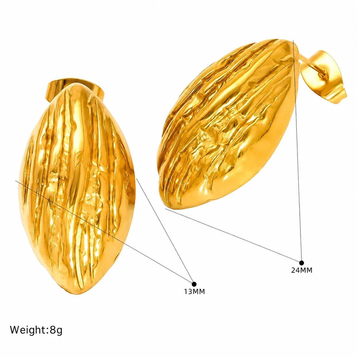Sculptural Gold-Plated Ribbed Geometric Dome Stud Earrings - Gold Oval