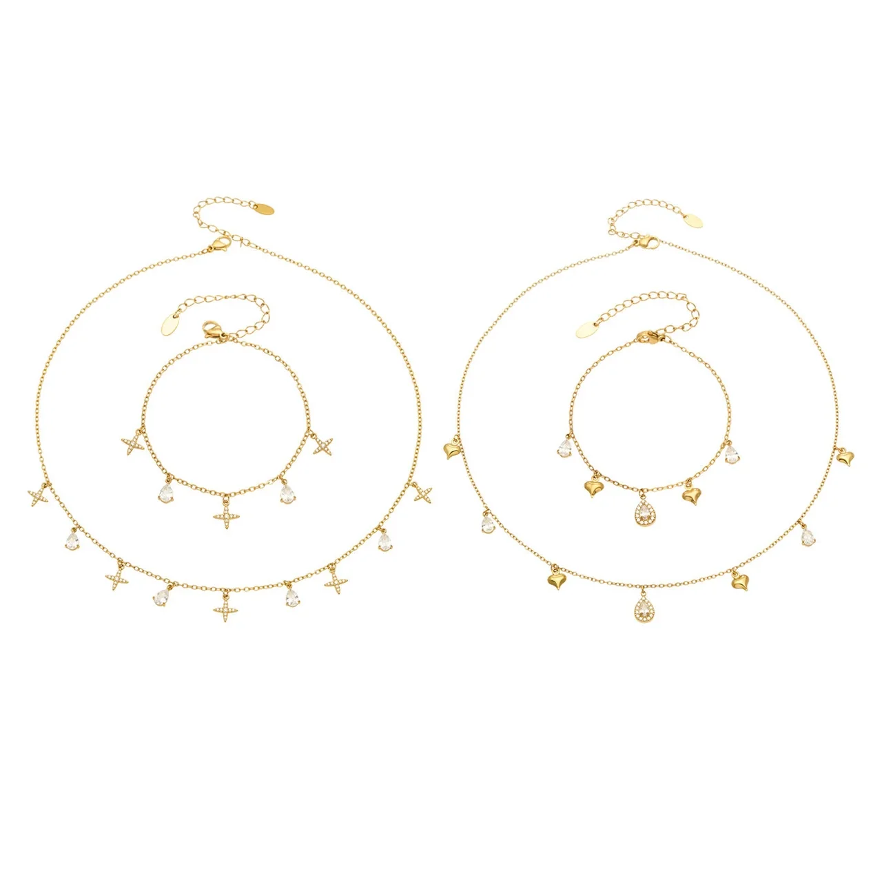 Jewelry Set Cross & Teardrop CZ Charms, Gold-Plated Steel