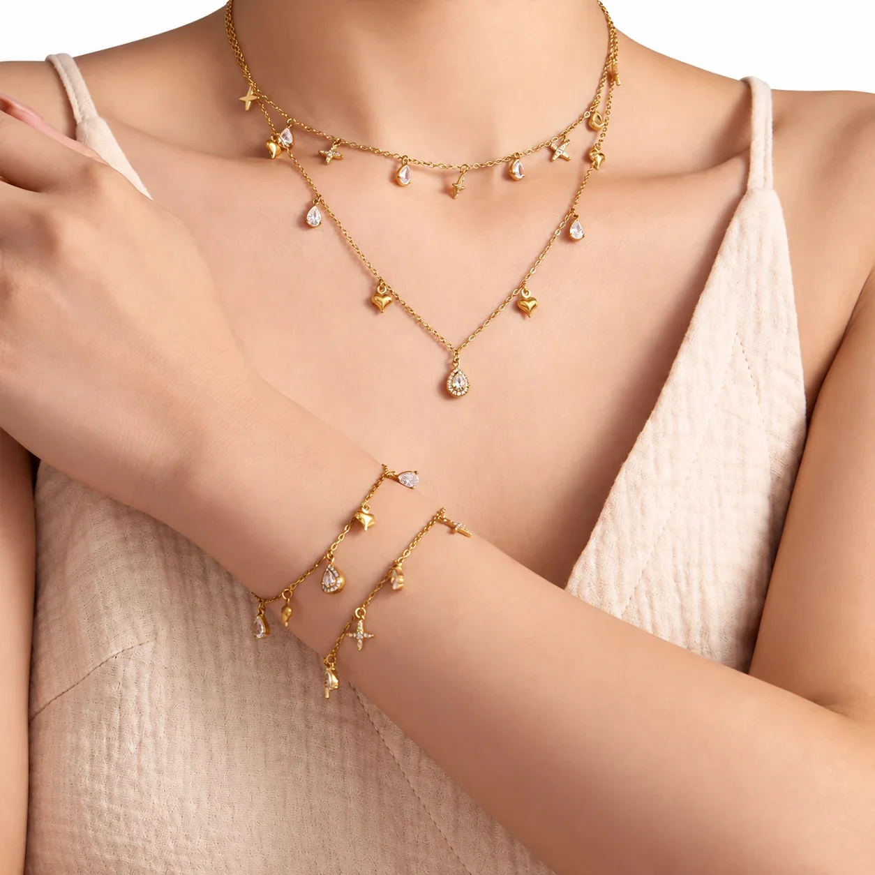 Jewelry Set Cross & Teardrop CZ Charms, Gold-Plated Steel