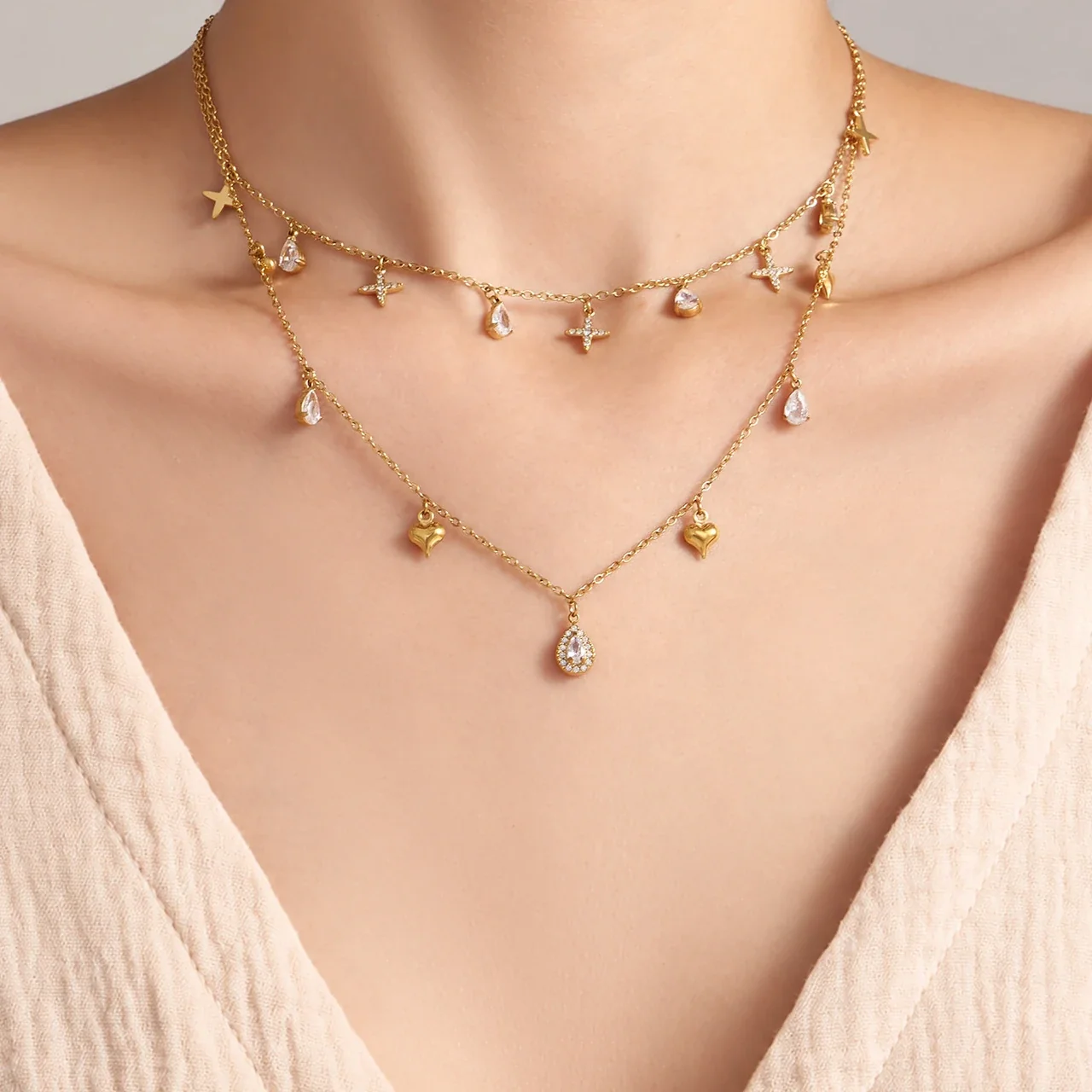 Jewelry Set Cross & Teardrop CZ Charms, Gold-Plated Steel