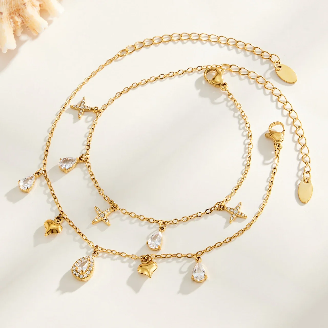 Jewelry Set Cross & Teardrop CZ Charms, Gold-Plated Steel