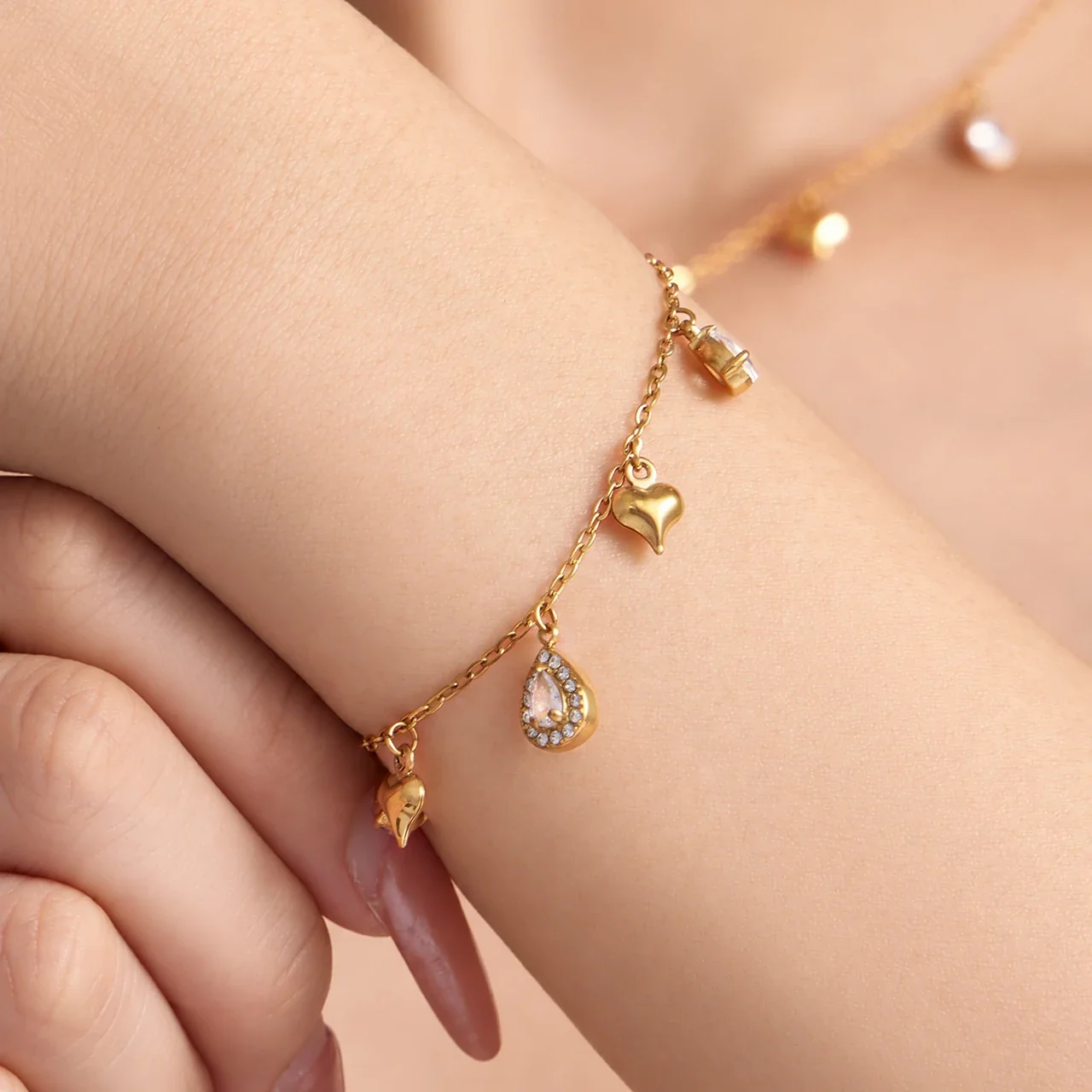 Jewelry Set Cross & Teardrop CZ Charms, Gold-Plated Steel