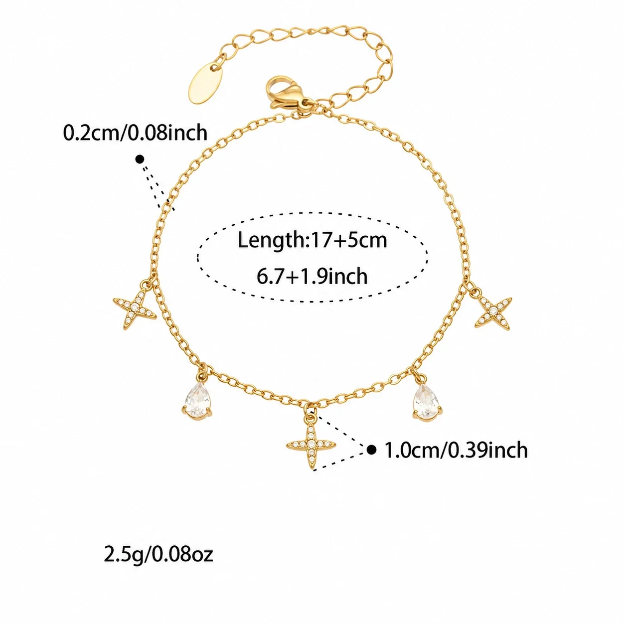 Jewelry Set Cross & Teardrop CZ Charms, Gold-Plated Steel - Gold Cross CZ - 17+5 cm