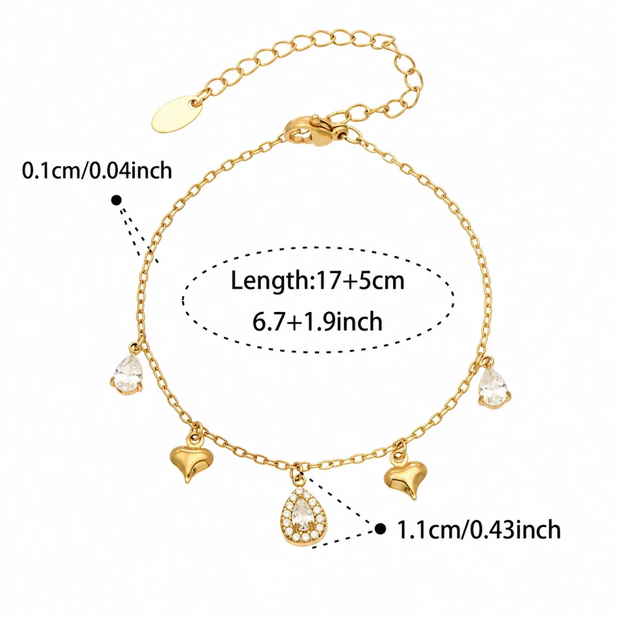 Jewelry Set Cross & Teardrop CZ Charms, Gold-Plated Steel - Gold Teardrop CZ - 17+5 cm