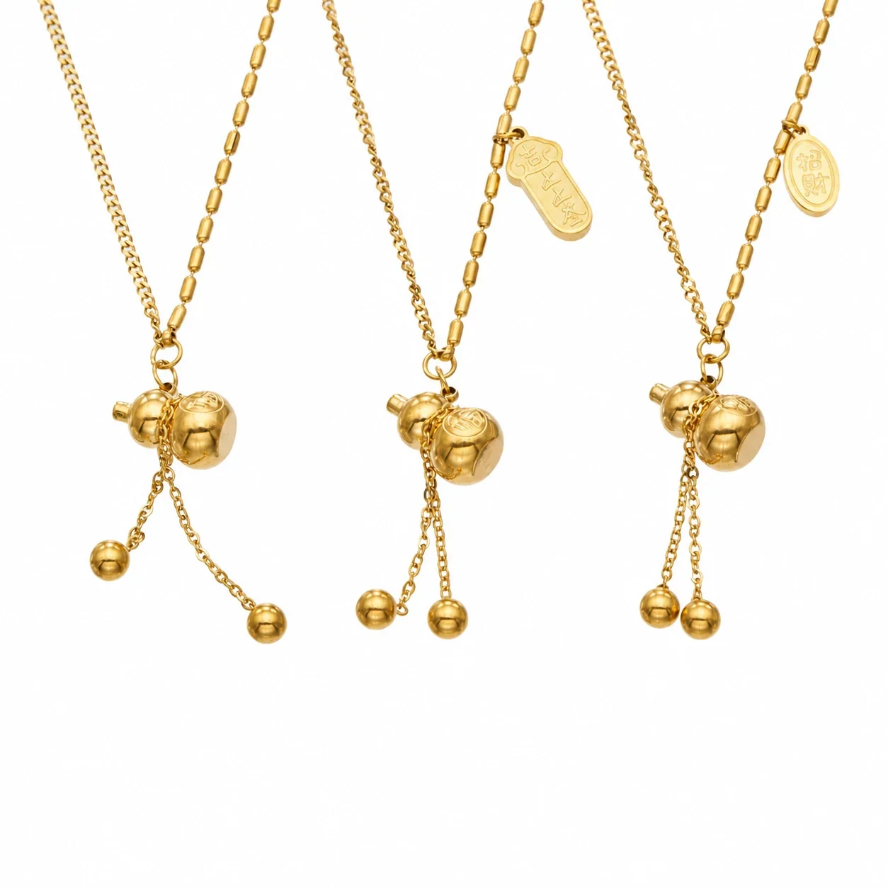 Gourd Tassel Necklace with Ball Drops, 18K Gold-Plated Steel