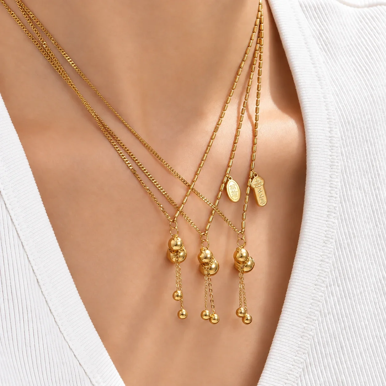 Gourd Tassel Necklace with Ball Drops, 18K Gold-Plated Steel