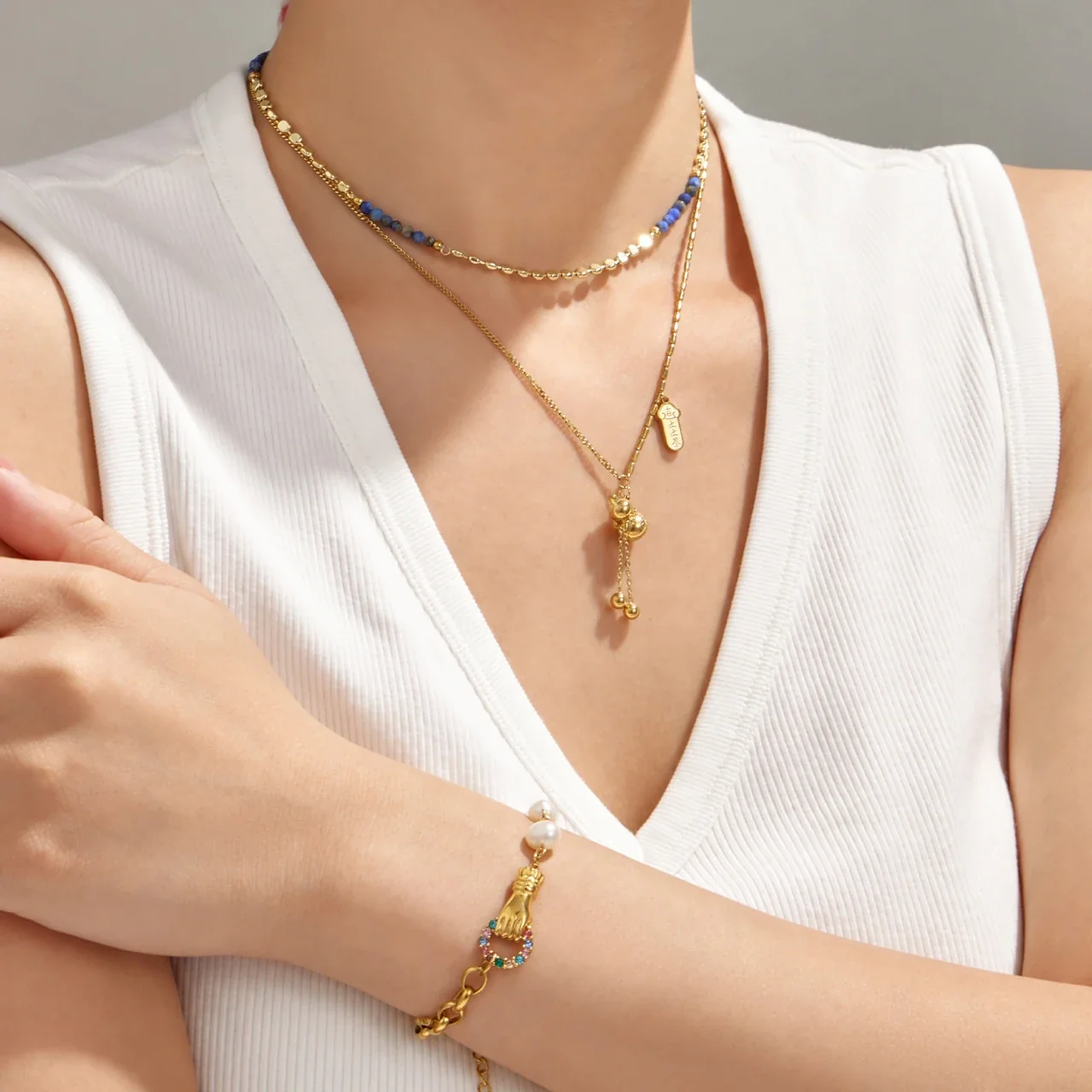 Gourd Tassel Necklace with Ball Drops, 18K Gold-Plated Steel