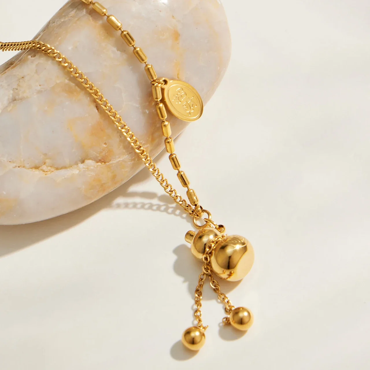 Gourd Tassel Necklace with Ball Drops, 18K Gold-Plated Steel
