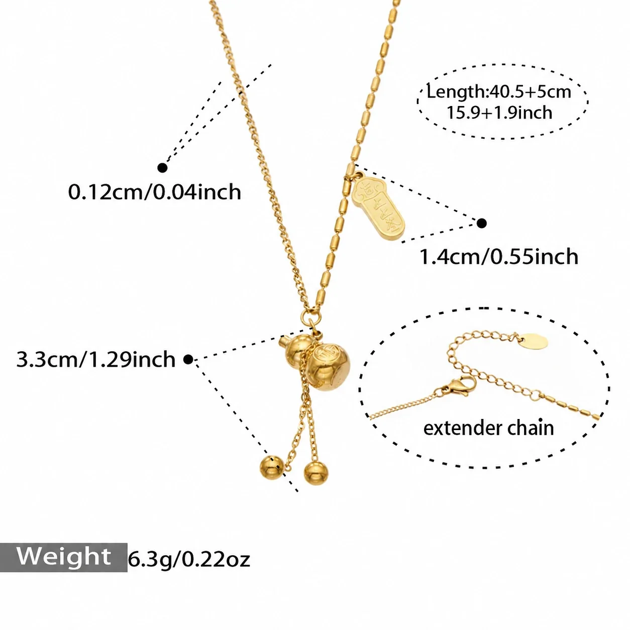 Gourd Tassel Necklace with Ball Drops, 18K Gold-Plated Steel - Gold Fortune Gourd