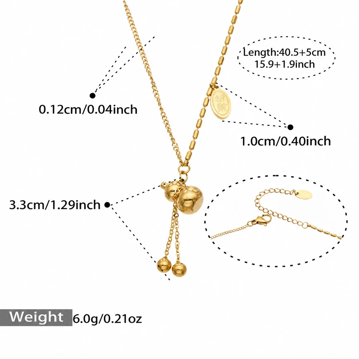Gourd Tassel Necklace with Ball Drops, 18K Gold-Plated Steel - Gold Auspicious Gourd