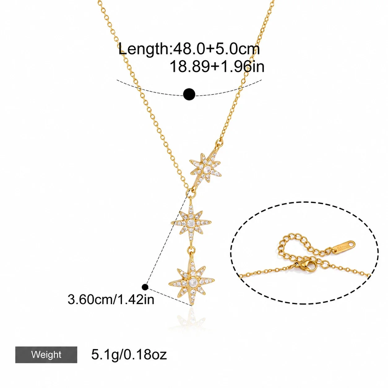 Celestial Gold PVD 316L Stainless Steel Star Y Necklace - Gold Star