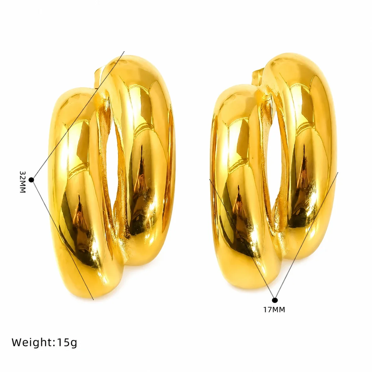 Polished 18K Gold-Plated Bow Open-Loop Stud Earrings - Gold Double Hoop