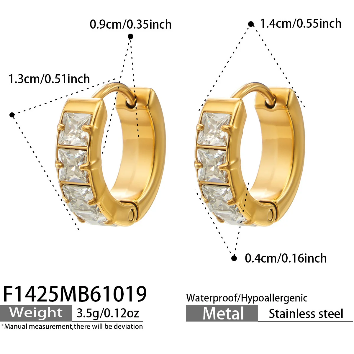Huggie-oorringen met vierkante CZ-stenen en 18K goudkleurige PVD productfoto