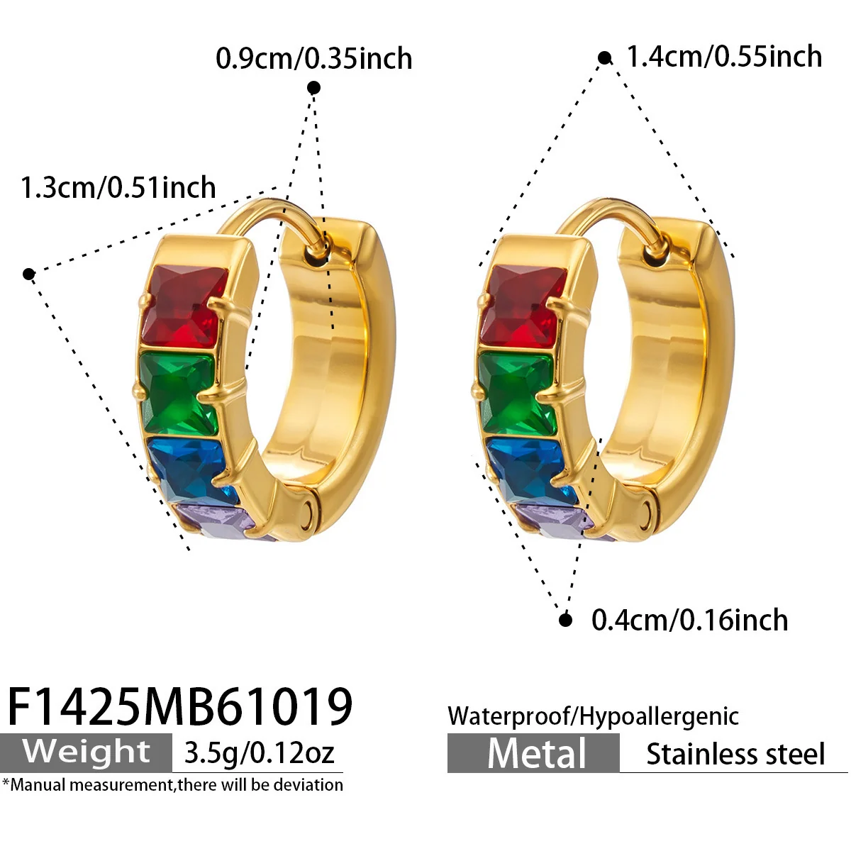 Huggie-oorringen met vierkante CZ-stenen en 18K goudkleurige PVD productfoto