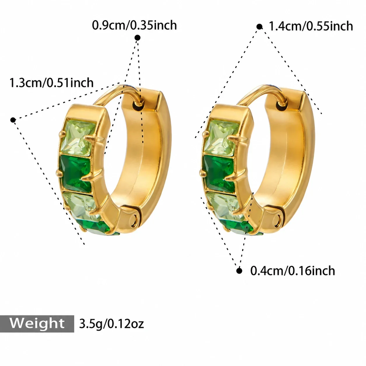 Huggie-oorringen met vierkante CZ-stenen en 18K goudkleurige PVD productfoto