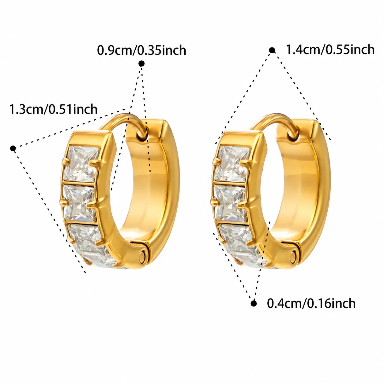 Huggie-oorringen met vierkante CZ-stenen en 18K goudkleurige PVD productfoto