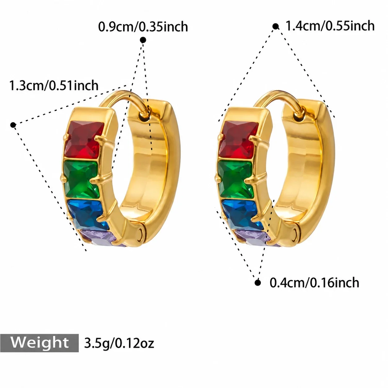 Huggie-oorringen met vierkante CZ-stenen en 18K goudkleurige PVD productfoto