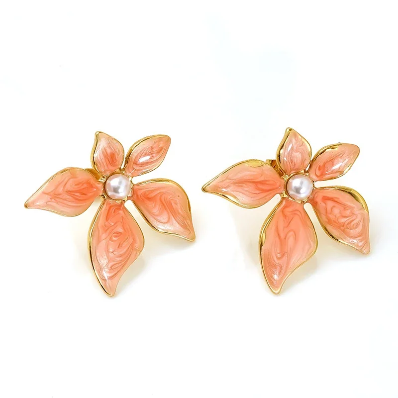 Artful Gold-Tone Enamel Flower Pearl-effect-Effect Stud Earrings