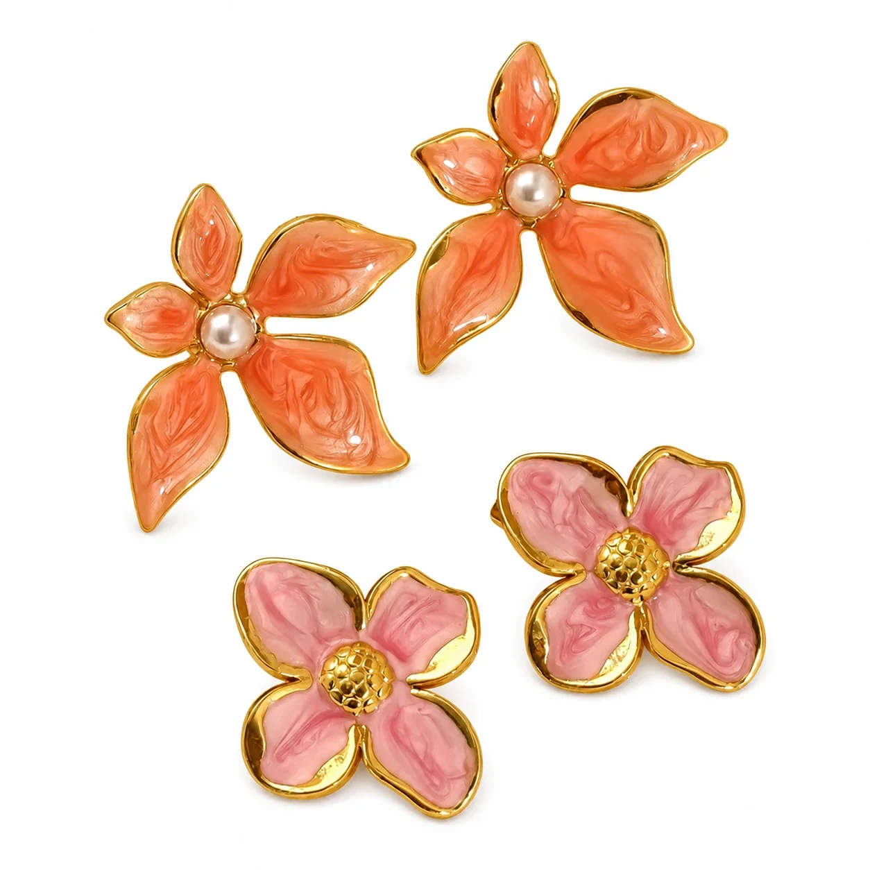 Artful Gold-Tone Enamel Flower Pearl-effect-Effect Stud Earrings