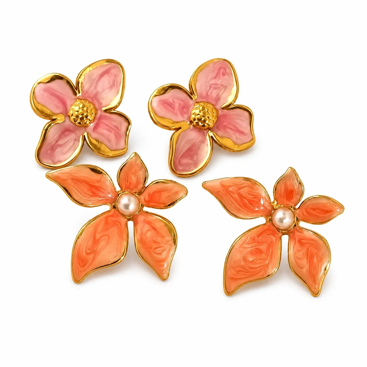 Artful Gold-Tone Enamel Flower Pearl-effect-Effect Stud Earrings
