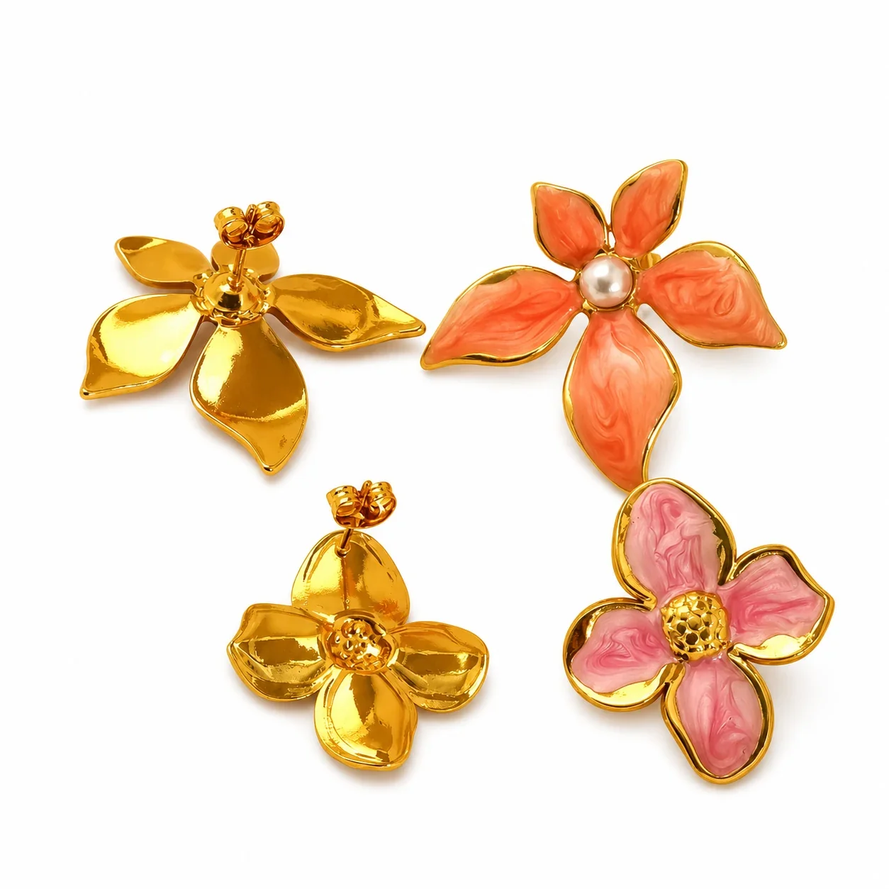 Artful Gold-Tone Enamel Flower Pearl-effect-Effect Stud Earrings