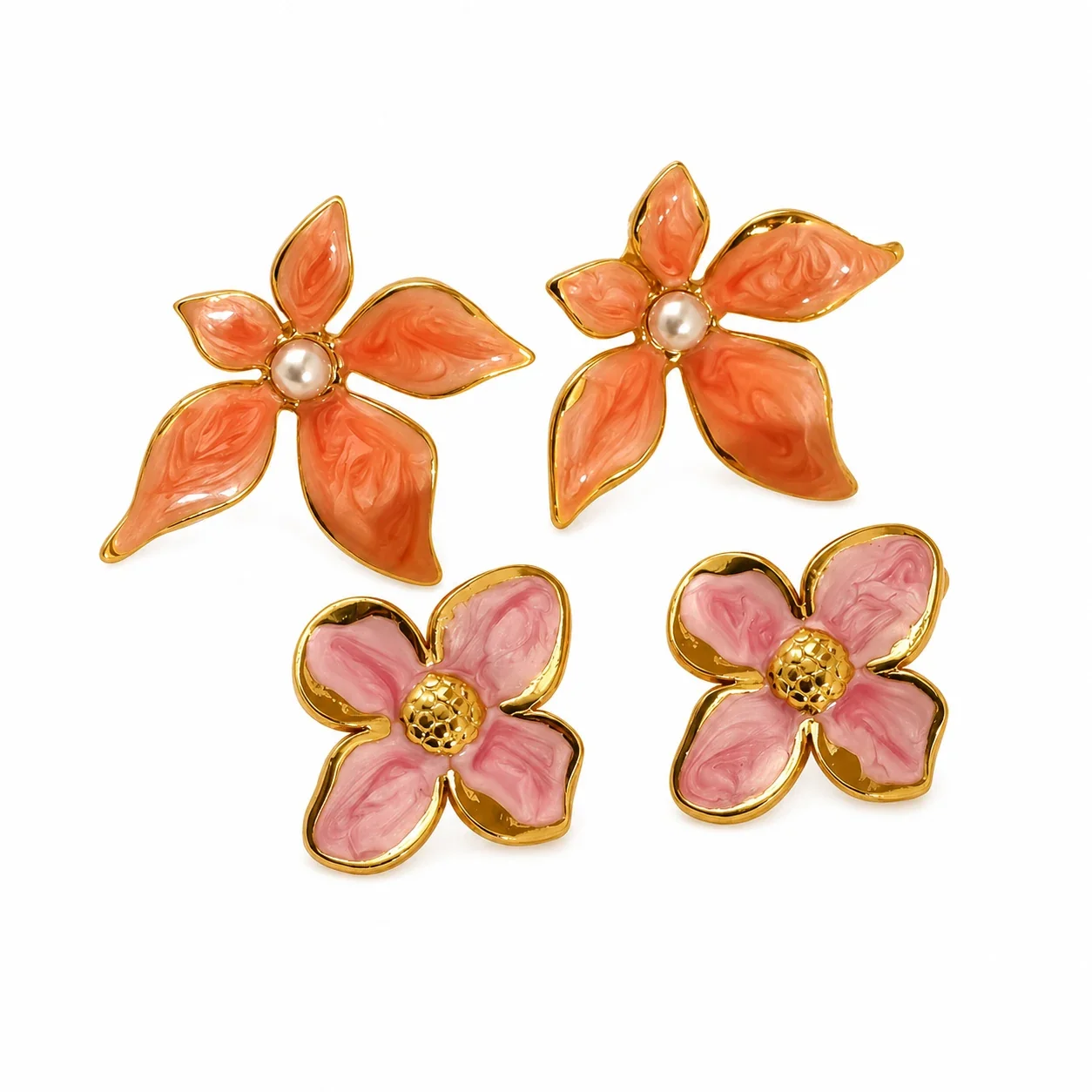 Artful Gold-Tone Enamel Flower Pearl-effect-Effect Stud Earrings