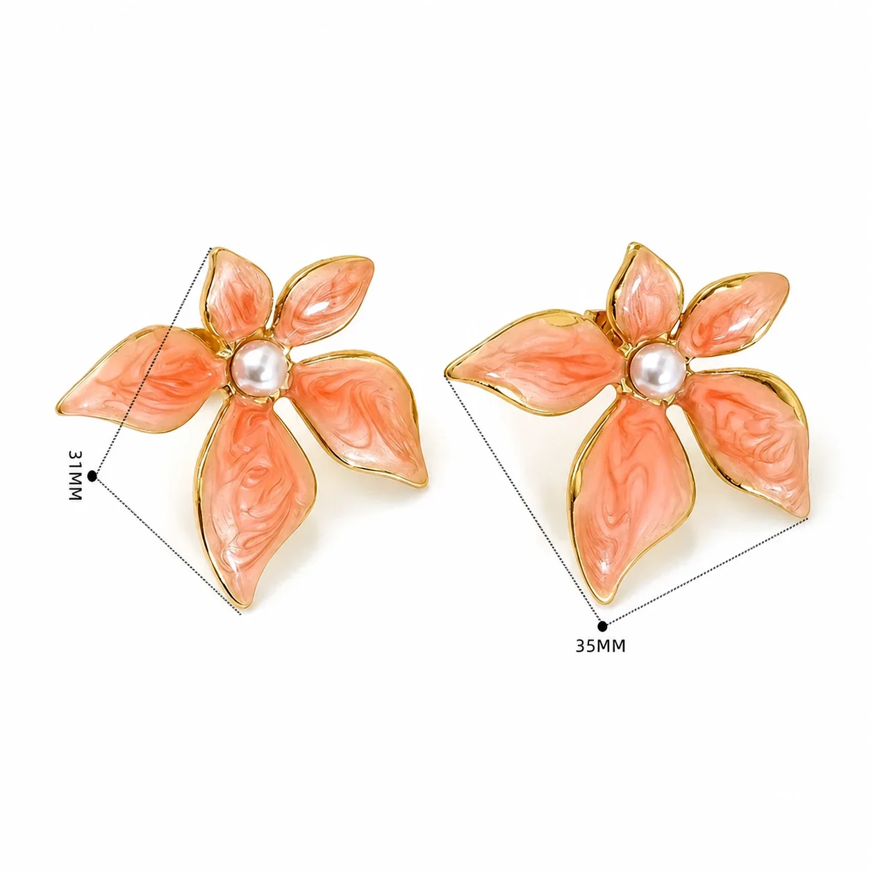Artful Gold-Tone Enamel Flower Pearl-effect-Effect Stud Earrings - Gold Orange Flower