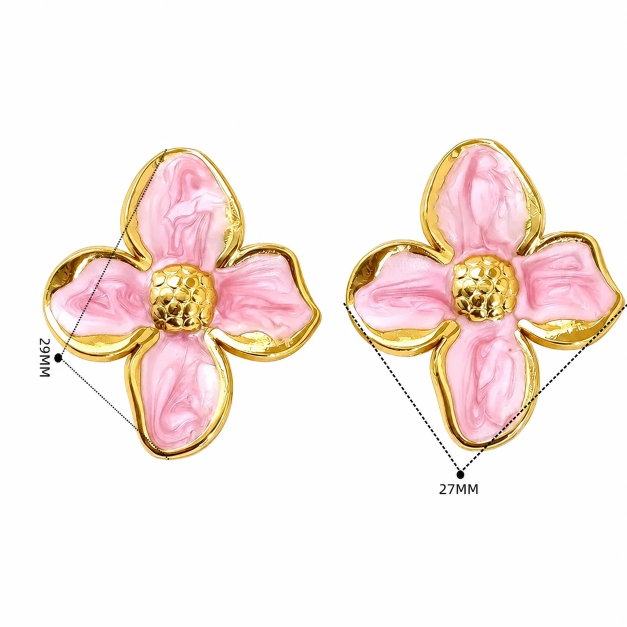 Artful Gold-Tone Enamel Flower Pearl-effect-Effect Stud Earrings - Gold Pink Flower