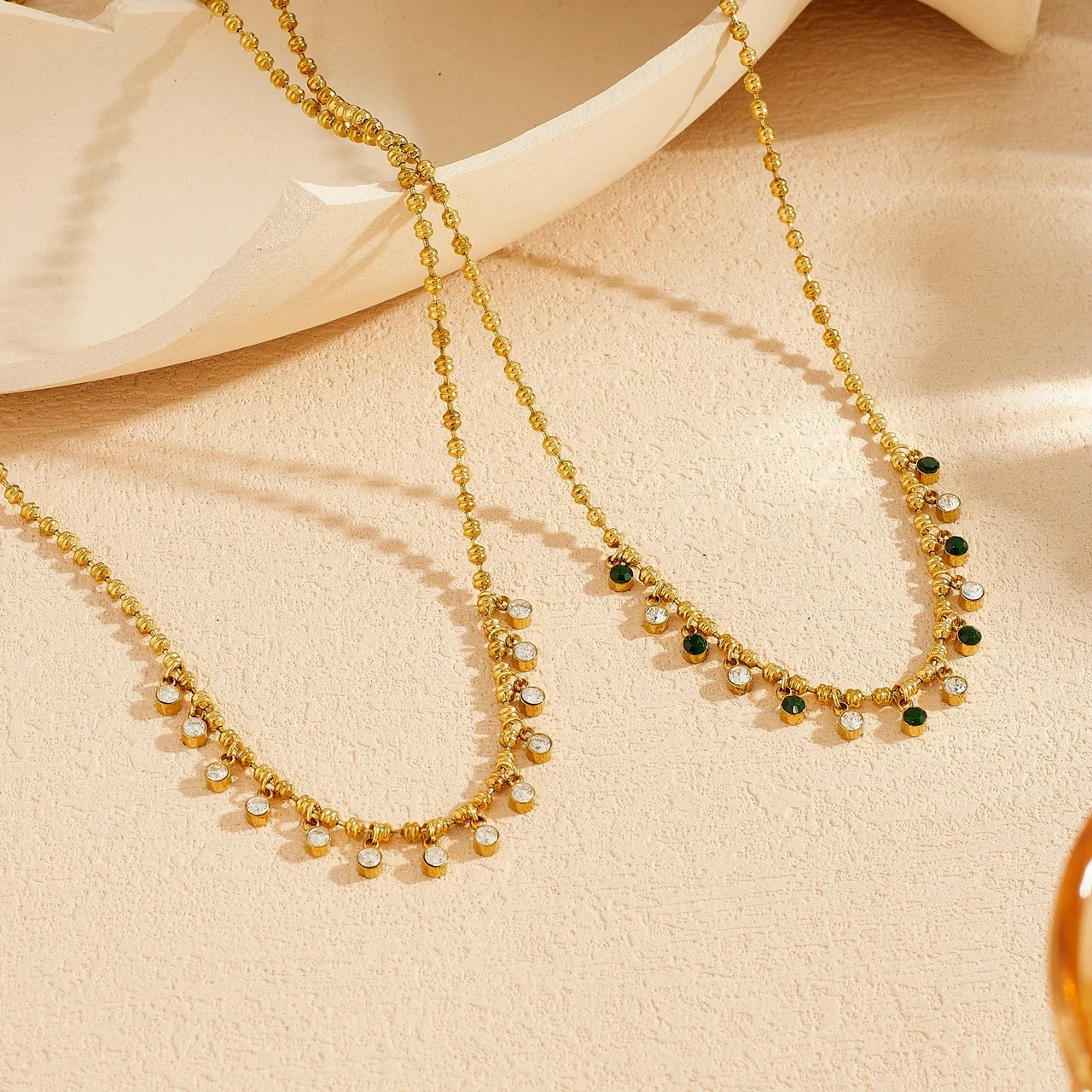 Chain Necklace with Green and Clear Crystal Drops, Gold-Plated