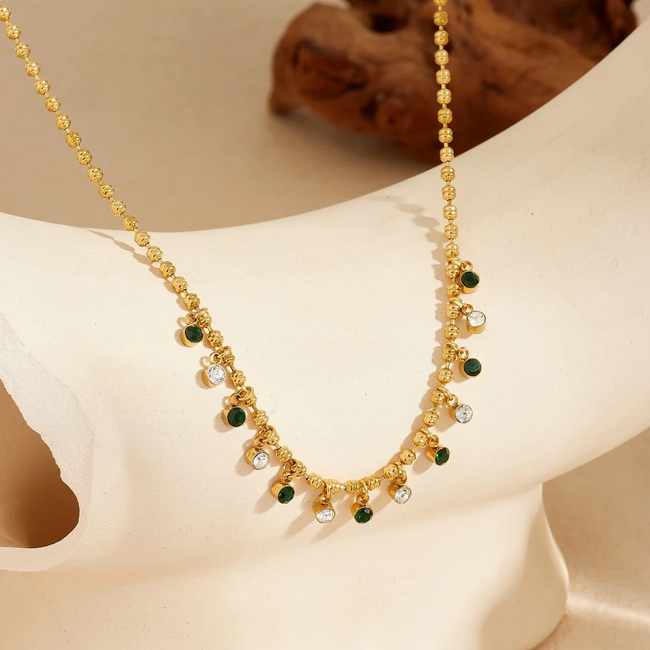 Chain Necklace with Green and Clear Crystal Drops, Gold-Plated