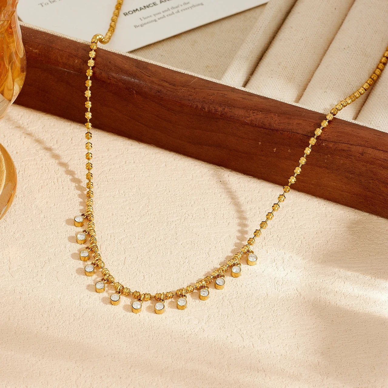 Chain Necklace with Green and Clear Crystal Drops, Gold-Plated