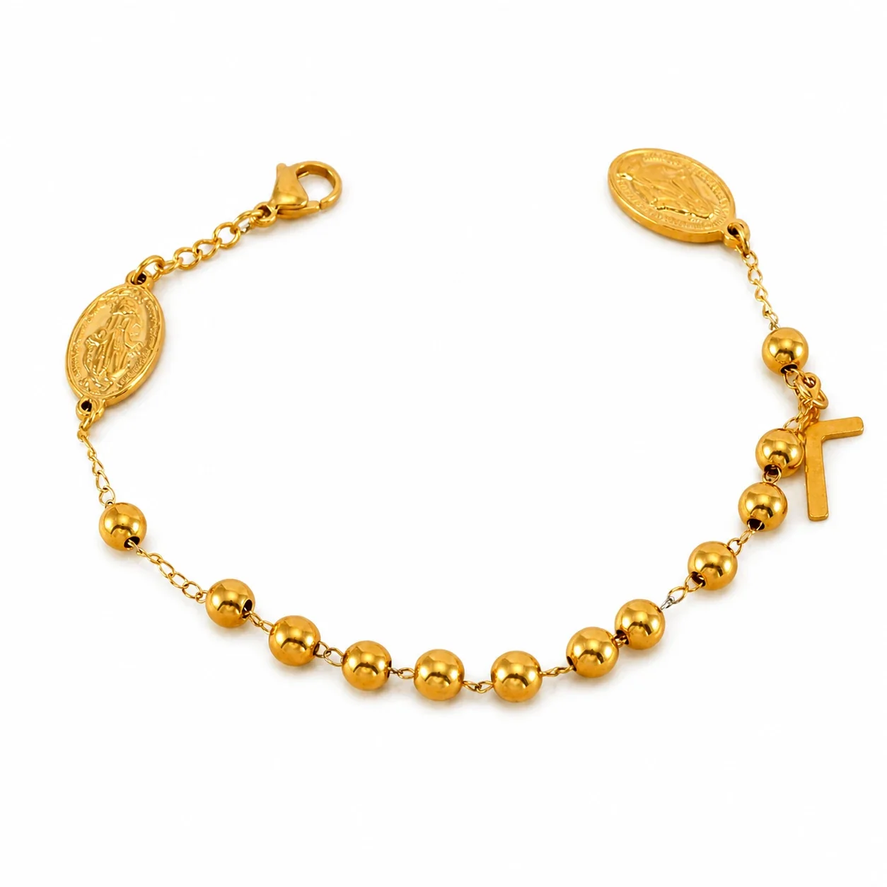Devotional Gold-Plated Bead Cross Medal Chain Bracelet