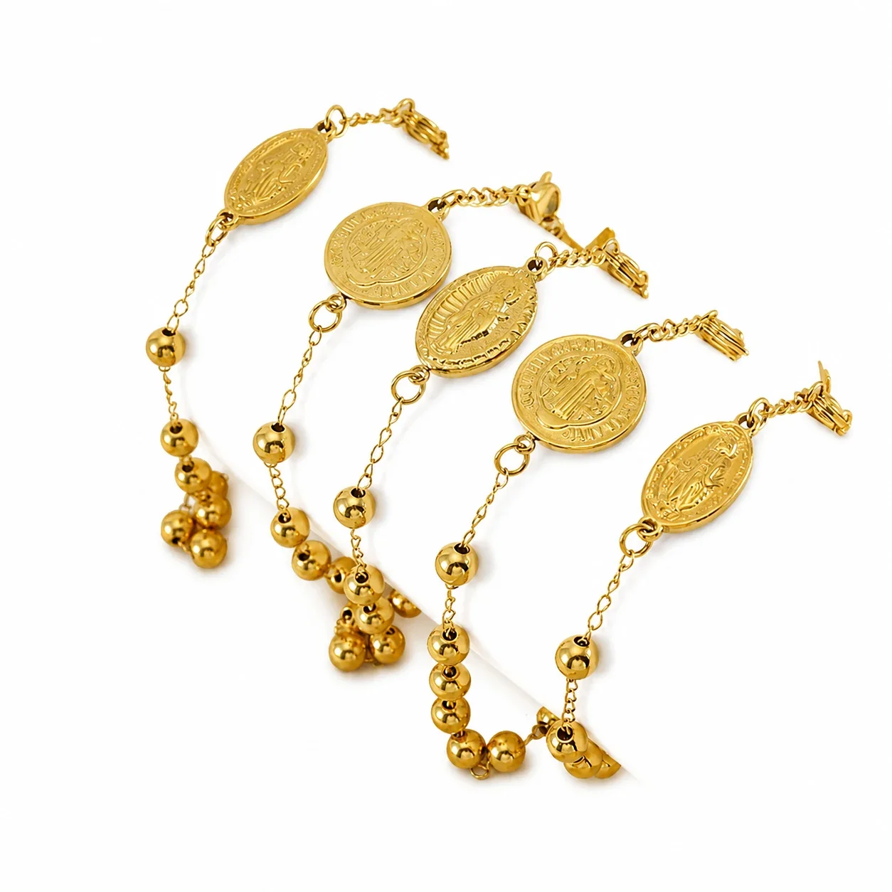 Devotional Gold-Plated Bead Cross Medal Chain Bracelet