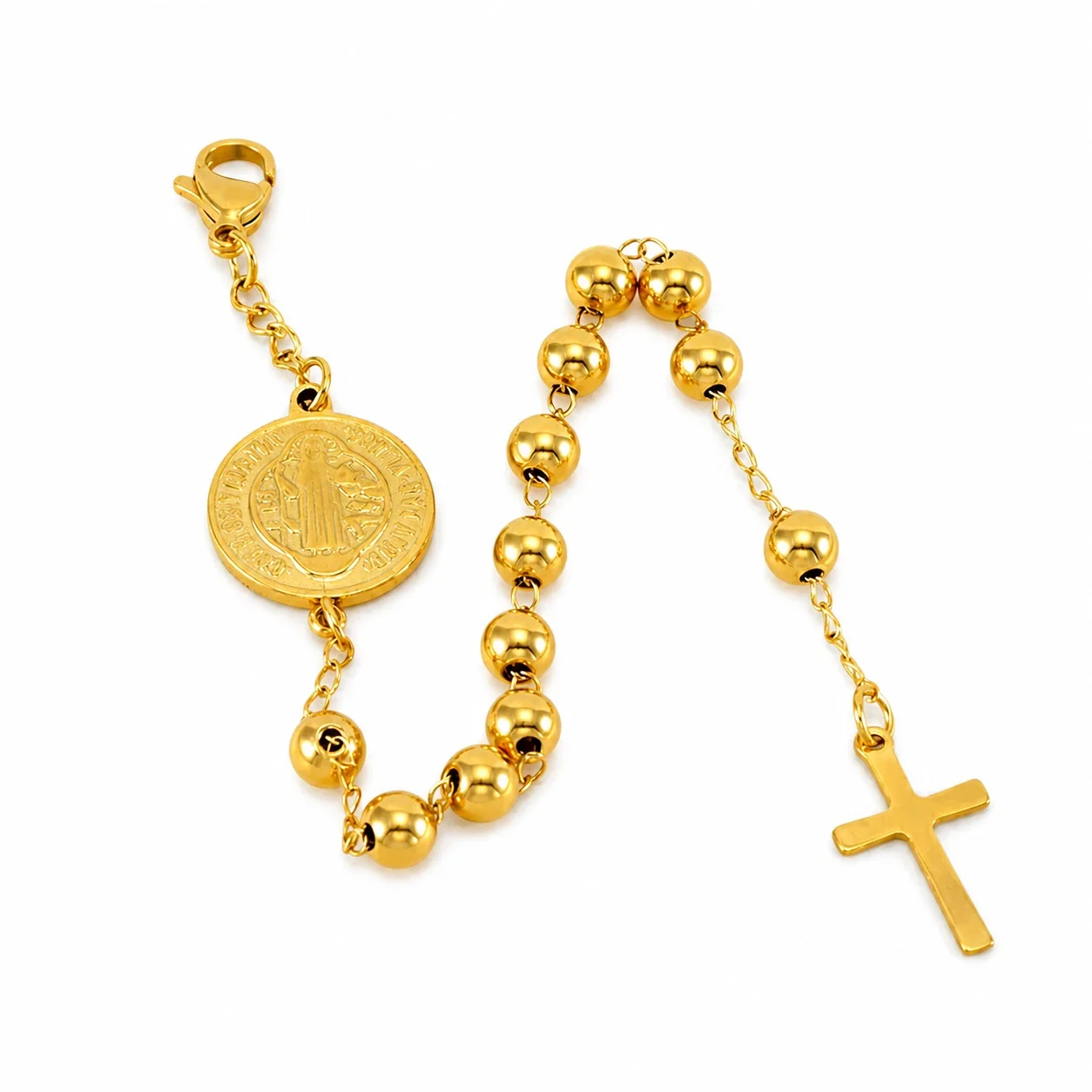 Devotional Gold-Plated Bead Cross Medal Chain Bracelet