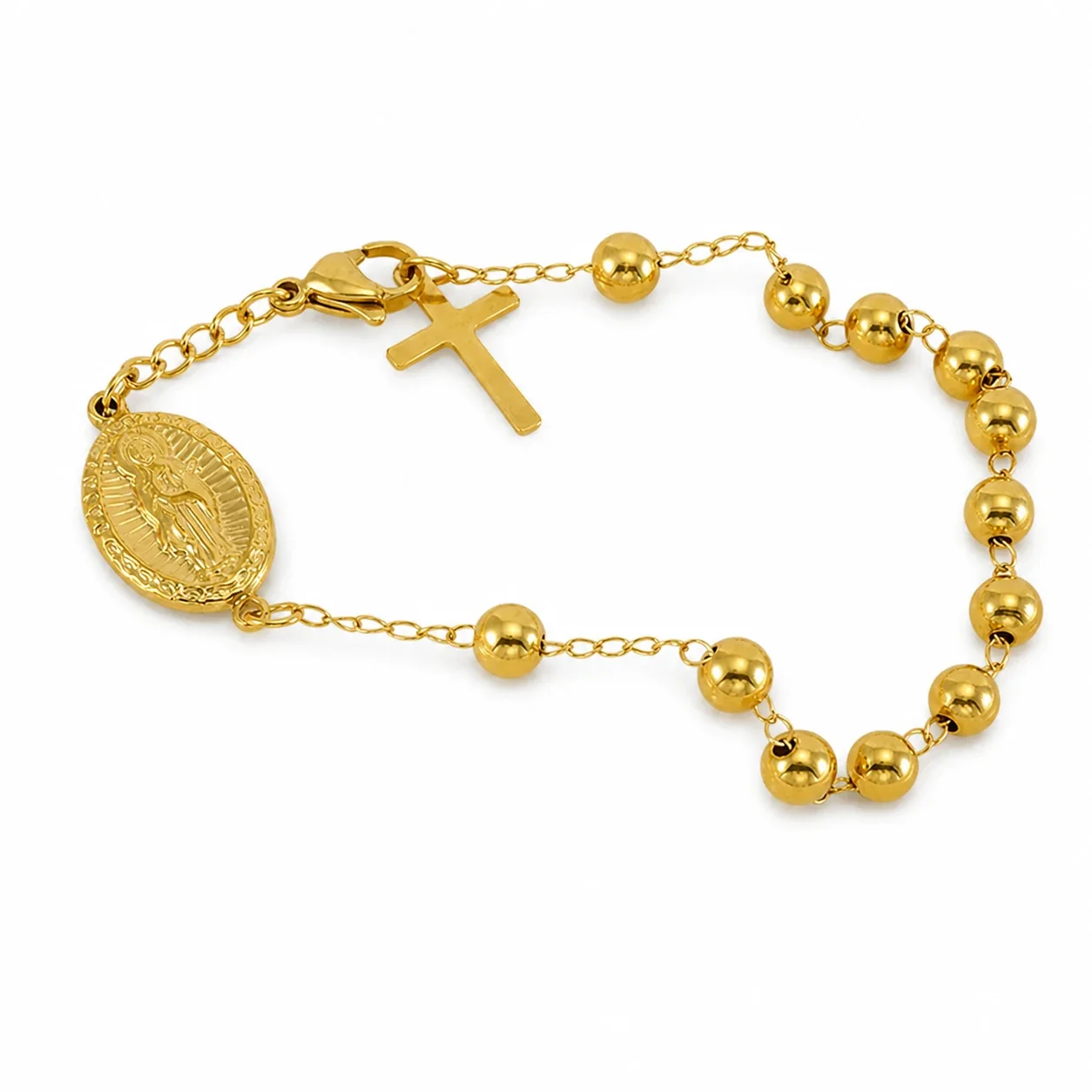 Devotional Gold-Plated Bead Cross Medal Chain Bracelet