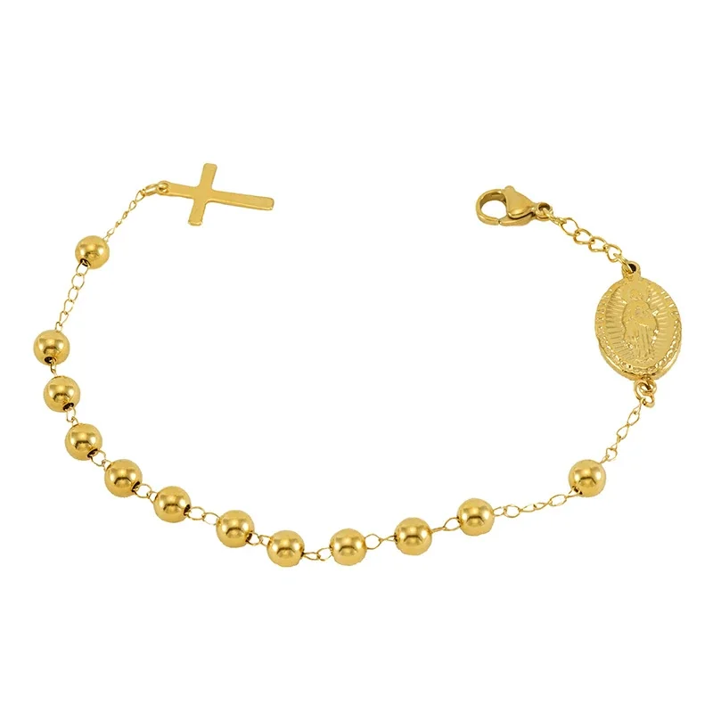 Devotional Gold-Plated Bead Cross Medal Chain Bracelet