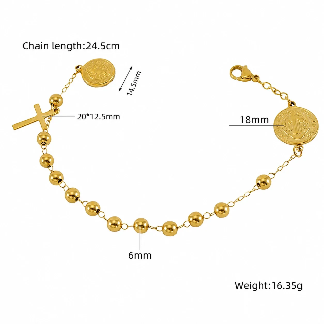 Devotional Gold-Plated Bead Cross Medal Chain Bracelet - Gold Style