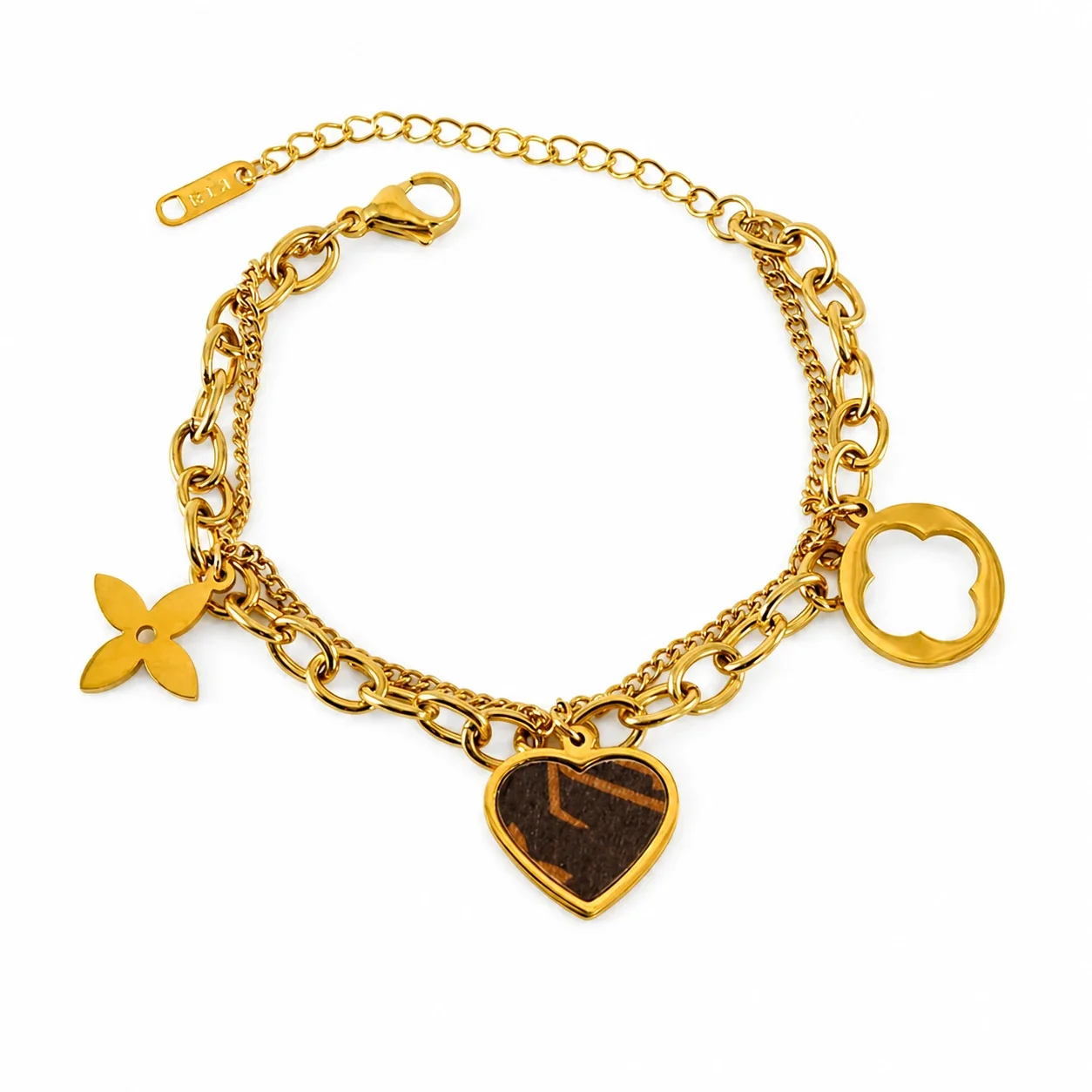 18K Gold-Plated Double Chain Heart Clover Charm Bracelet