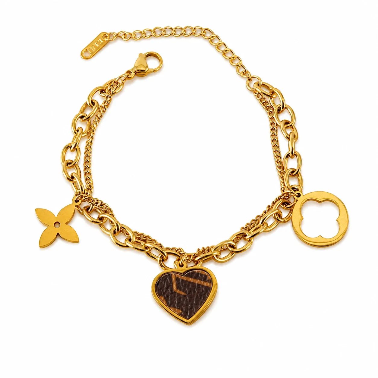18K Gold-Plated Double Chain Heart Clover Charm Bracelet