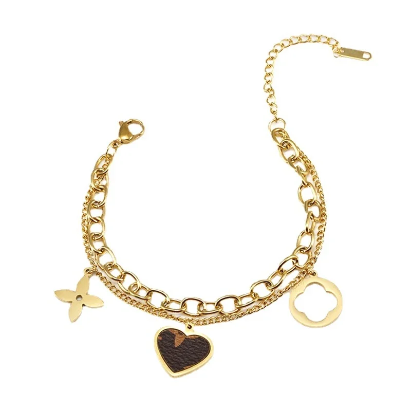 18K Gold-Plated Double Chain Heart Clover Charm Bracelet