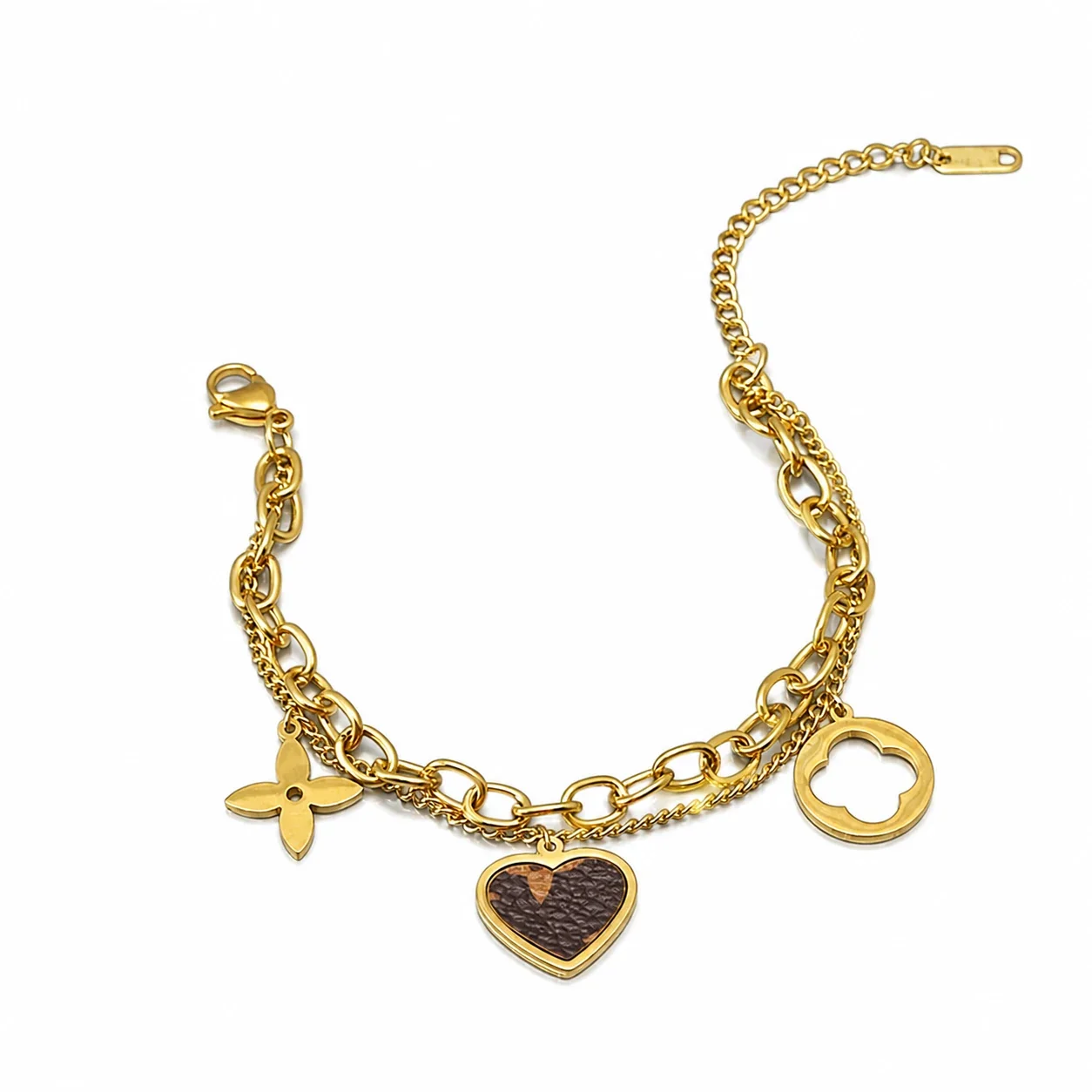 18K Gold-Plated Double Chain Heart Clover Charm Bracelet - Gold Heart Charm