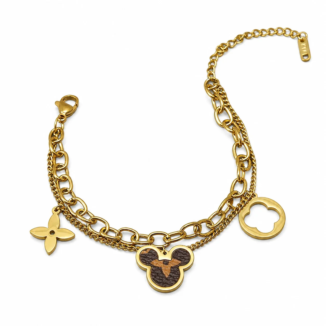 18K Gold-Plated Double Chain Heart Clover Charm Bracelet - Gold Clover Charm