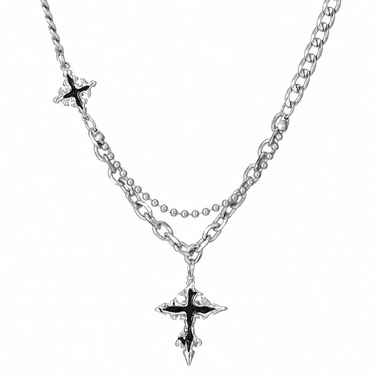 Edgy Silver-Tone Cuban Link Cross Pendant Necklace