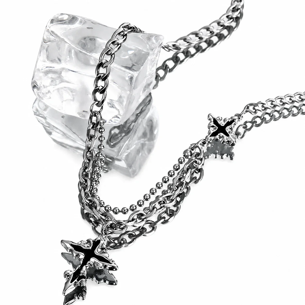 Edgy Silver-Tone Cuban Link Cross Pendant Necklace